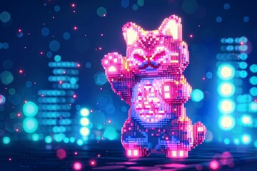 Waving lucky cat Manekineko in pixels, inviting fortune with glowing codes
