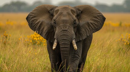 an African elephant, sharp eyes, long trunk, long ears, long tusks, green field, stand-alone