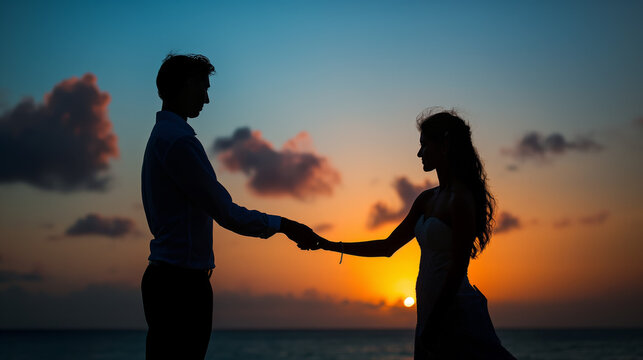 A serene image capturing the silhouette of a couple hand in hand against an ocean sunset, symbolizing love and connection