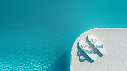 An inviting scene of white sandals on the edge of a swimming pool with vibrant blue water on a sunny day, suggesting leisure