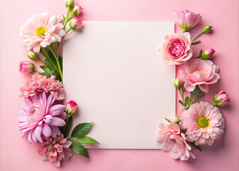 Floral banner on soft pink backdrop. Wedding, Mother's, or Women's Day card template.