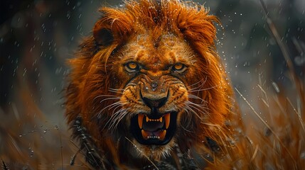 Fototapeta premium an angry lion, with sharp eyes, long hair, and green field. Generated AI.