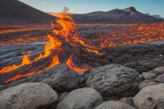 Sunset Over Volcanic Island Landscape with Flowing Lava and Red Rocks
