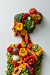 Fototapeta na wymiar Figure of a girl made from vegetables and fruits, promotion of healthy eating, Generative AI.