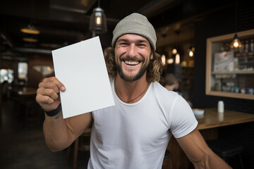 Happy barista man holding blank card in a trendy cafe, coffee shop, wearing a beanie hat, white t shirt, asset, mock up