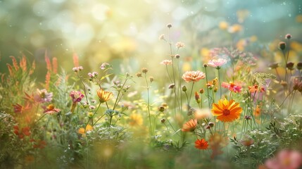 Fototapeta na wymiar picturesque wildflowers and sunshine creating a serene springtime landscape