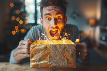 A man opening a small, ordinary box to find it glowing from within, his face lit up in astonishment and laughter, capturing a moment of unbelievable luck - obrazy, fototapety, plakaty
