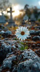 a white flower in a rock at the cemetery. Concept of sympathy and hope 