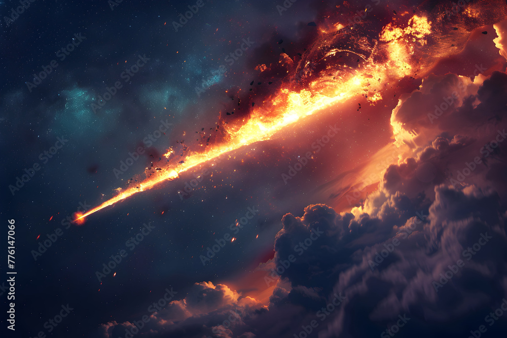 Poster a fiery comet is streaking through the sky, leaving a trail of destruction in its wake. generative a