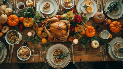 Thanksgiving celebration traditional dinner party on wooden table