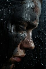 Face portrait of beautiful sad woman crying blood tears