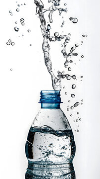 Dynamic Water Splash from a Plastic Bottle on White Background