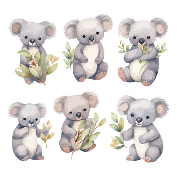 watercolor vector Set of koala, isolated on white background, vector format, illustration art, Drawing clipart, Graphic Painting.