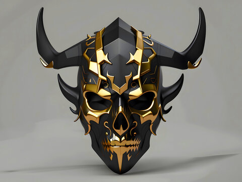 Sinister Scary Devil Bull Skull Gold And Black With Horns Isolated Background 300PPI High Resolution Image