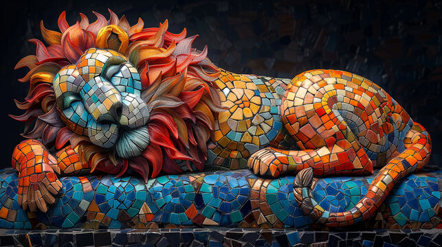 lion statue on the wall image with copyspace and very colorful. Art