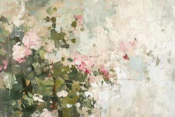 a light and airy loose oil painting that is almost abstracted of a segment of a garden scene with a composition that uses texture - obrazy, fototapety, plakaty