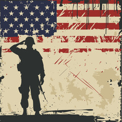 Veterans day poster. Military Man Saluting Us Flag.Silhouette of soldier