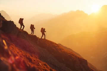 Hikers travel mountain trails, energetic, trekking, and adventurous. Varied natural lighting conditions. Warm, late afternoon sunlight. Nature and travel photography style. Hiker on top of mountain