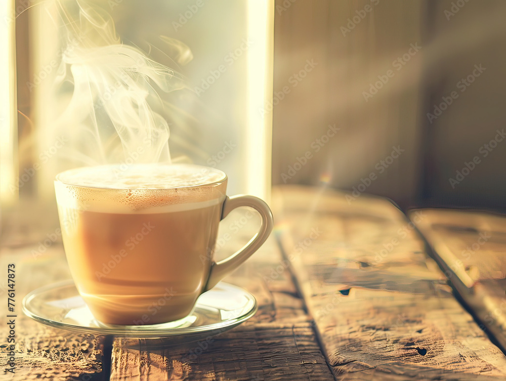 Fototapete a steaming cup of latte on a rustic table with morning light, space for text