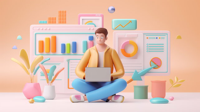 Relaxed marketer analyzing data with a laptop amidst playful graphics.