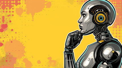 AI robot with pop art thought bubbles, pondering human emotions