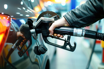 a close up image of a hand filling up a car with gas at a gas station - obrazy, fototapety, plakaty