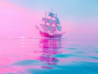 Calm pop art sea reflecting neon pink and blue, pirate ship basking in quiet