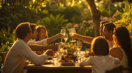 Family members raising their glasses in a toast against a backdrop of a warm sunset