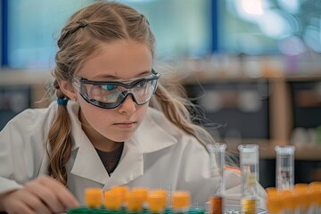 A girl aspiring scientist in safety glasses and a medical gown sits at a table and conducts an experiment with chemicals in the laboratory