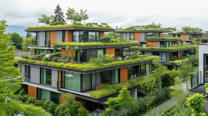 Fototapeta na wymiar Modern residential area with houses with green roofs and vegetation on the balcony. Model of eco strengthening while preserving nature and the environment