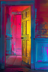 Homecoming with a pop art key, door opening to vibrant interior