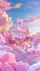 Pirate ship on cotton candy sea, pop art sugar waves, dessert dreamscape - obrazy, fototapety, plakaty
