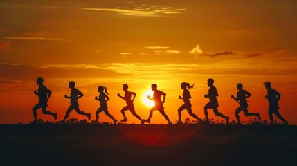 Runners silhouette against the sunrise, each step a story of perseverance and vitality - obrazy, fototapety, plakaty