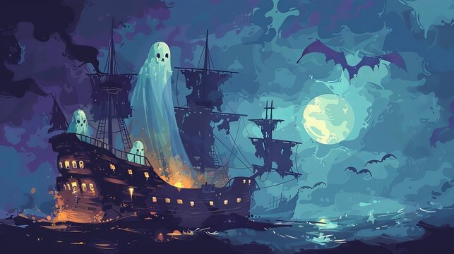 Pirate ship with pop art ghost pirates, spooky spirits at sea, eerie voyage