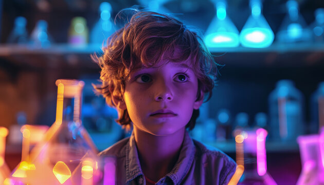 Chemical research in a school laboratory. A young teenage scientist conducts a chemical experiment.