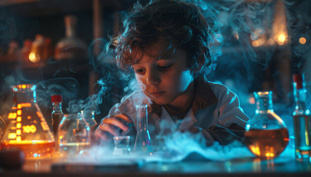 Chemical research in a school laboratory. A young teenage scientist conducts a chemical experiment.