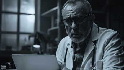 Portrait of a male chief physician in his office at work. Professor Doctor of Science in Surgery and Cardiology.