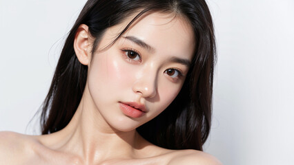beautiful Korean girl, good skin, black hair, white background, skin care