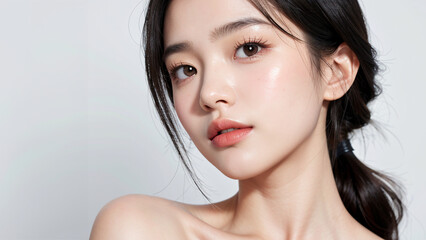 beautiful Korean girl, good skin, black hair, white background, skin care