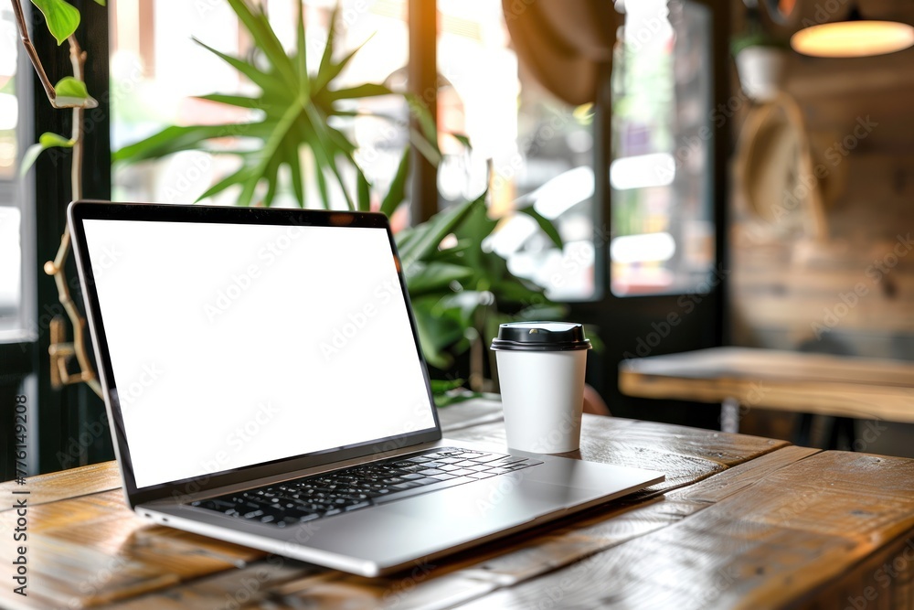Poster a laptop with a white screen with space for graphics, text or inscriptions standing in a cafe on a w