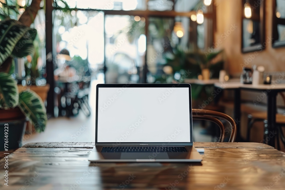 Fototapete a laptop with a white screen with space for graphics, text or inscriptions standing in a cafe on a w