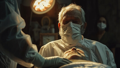 Fototapeta premium Male portrait of a surgeon and doctor in the operating room at work. A professor of doctoral sciences performs an operation against the backdrop of a hospital. 