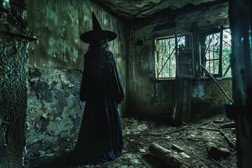 A scary ugly witch stands in an abandoned witch's den Isolated on solid white background - obrazy, fototapety, plakaty