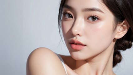beautiful Korean girl, good skin, black hair, white background, skin care