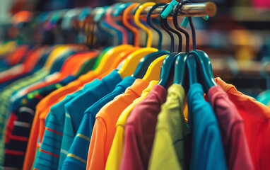 Colorful kids clothes on hangers blured background. Generative ai