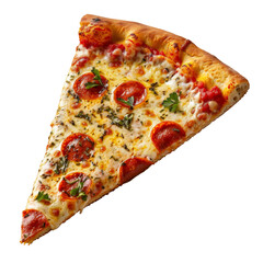 Porcion de pizza con peperoni, queso mozzarella y albahaca sobre fondo blanco