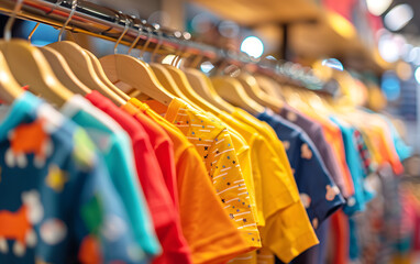 Fototapeta na wymiar Colorful kids clothes on hangers blured background. Generative ai
