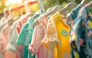 Colorful kids clothes on hangers blured background. Generative ai