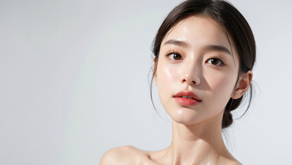 beautiful Korean girl, good skin, black hair, white background, skin care