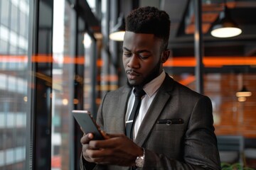 afro american business man in a suit checking his phone in office - obrazy, fototapety, plakaty
